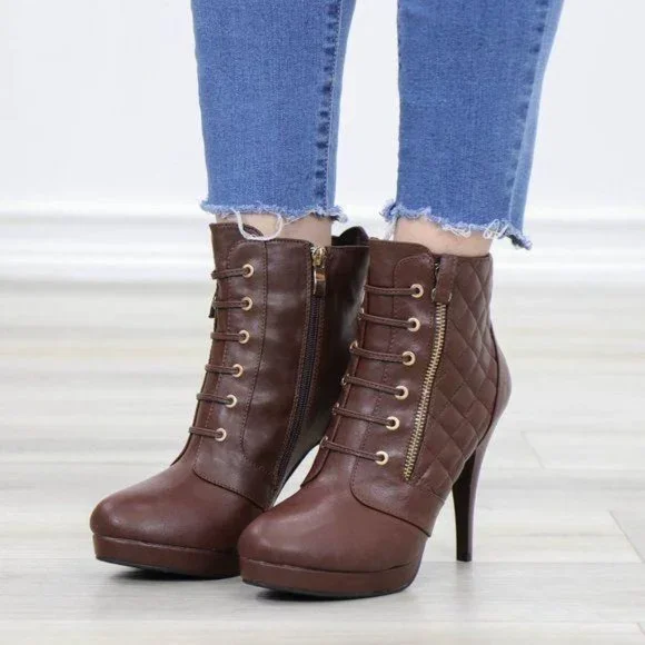 Brown Platform High Heel Ankle Boots - Picture 4 of 14